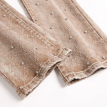 Men's Crystal Rhinestone Stretch Boot Cut Denim Jeans Punk Rivet Slim Flared Trousers Fashion Stretchy Pants