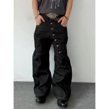 American Retro Long Row Button Design Men's Jeans High Street Loose Wide Leg Floor-Length Trousers Trendy Casual Jeans