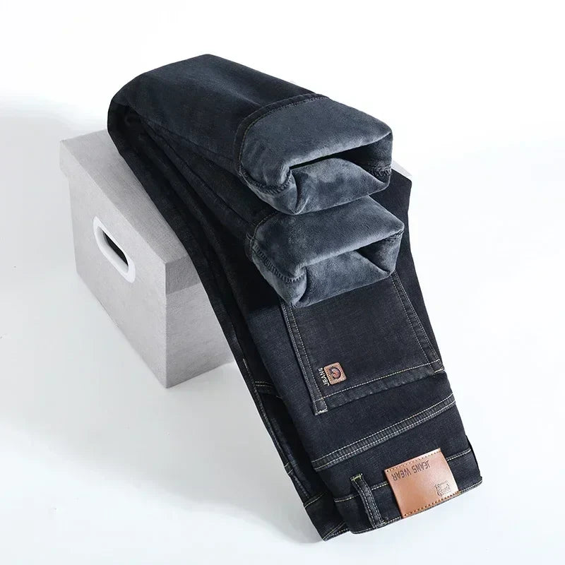 Winter Fleece Thick Warm Jeans Classic Brand Business Casual Men's Fitted Straight Stretch Mid-high Waist Denim Jeans