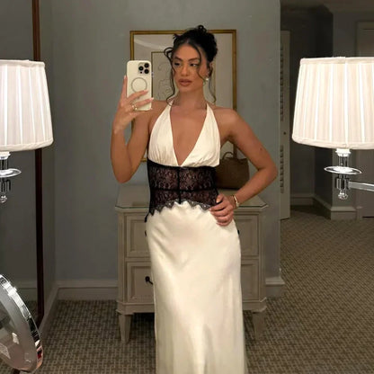 Sexy Deep V-neck Backless Lace Patchwork Satin Dresses for Women 2026 Summer Halter Sleeveless Long Maxi Party Evening Dress