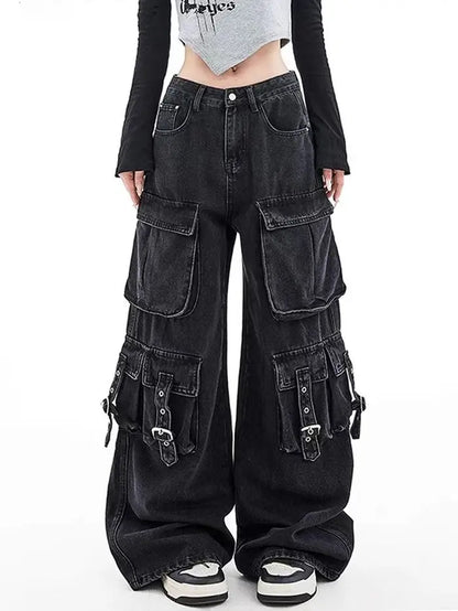 Black Gothic Punk Multi-Pocket Zipper Denim Jeans Men And Women Y2K American Baggy Fashion High Waist Loose Wide-Leg Jeans