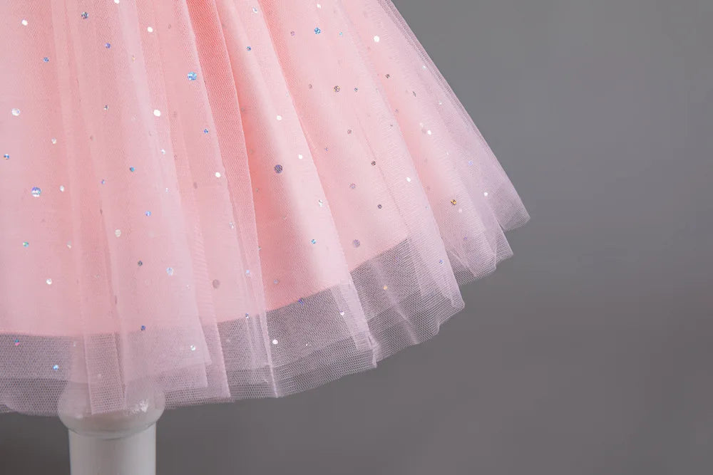 Summer Girls' New Bow Sequin Flying Sleeves Mesh Fluffy Skirt Piano Competition School Graduation Ceremony Dress