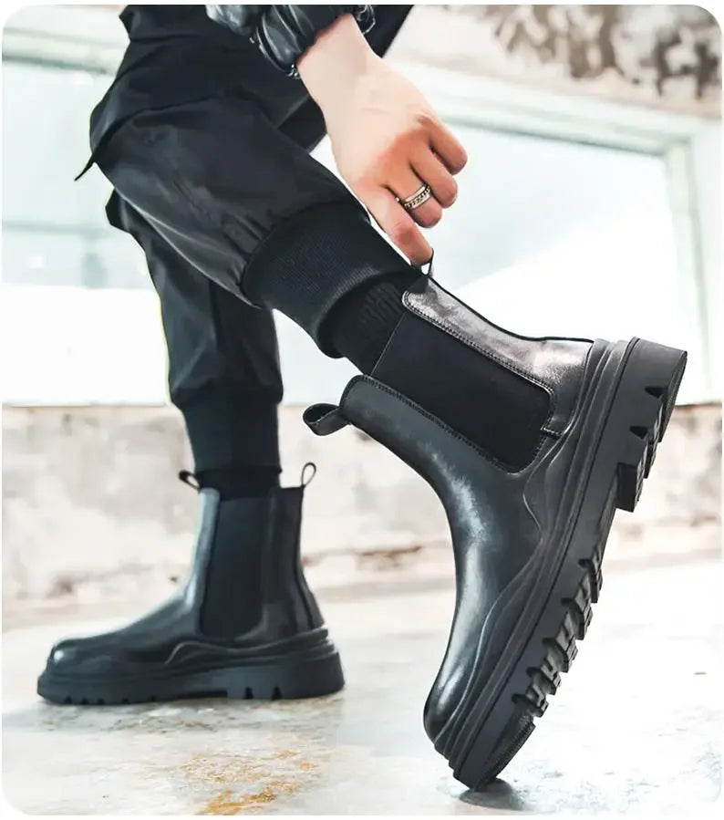 Fashion Mens Sheoes Platform Chelsea Boots Thick Bottom Split Leather Ankle Boots Male Footwear Round Toe Short Boots