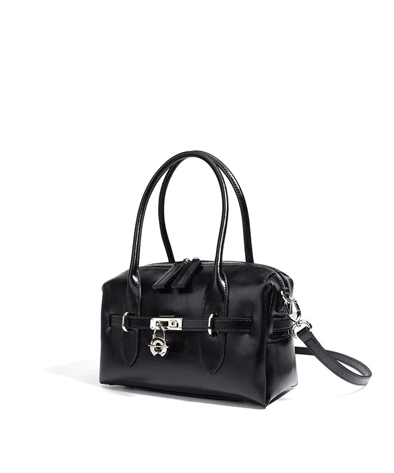 2025 Fall Winter New Top Grain Leather Spacious Boston Bag Lock Design Single Shoulder Crossbody Pack Women Commuting Handbag
