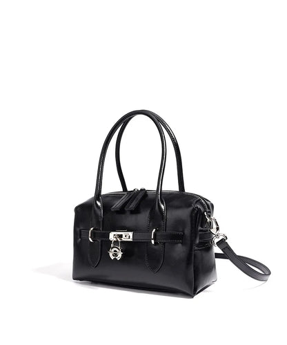 2025 Fall Winter New Top Grain Leather Spacious Boston Bag Lock Design Single Shoulder Crossbody Pack Women Commuting Handbag