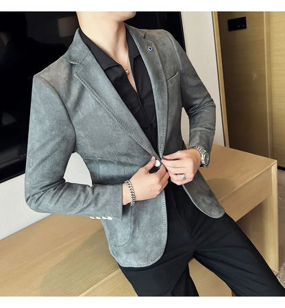 High-quality, fashionable men's stylish, versatile and trendy Korean-style slimming suede business casual suit