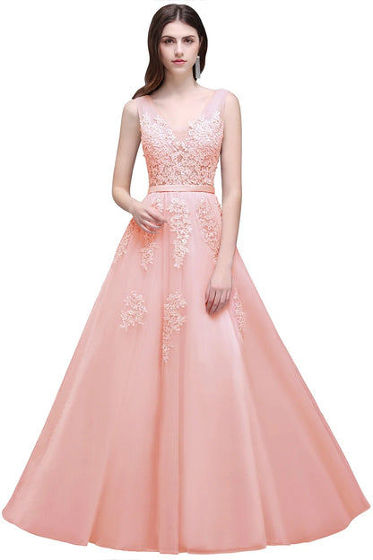 Women Burgundy Evening Dress Lace Appliques Tulle V-Neck Sexy Backless Prom Dresses A-Line Floor-Length Sleeveless Party Vestido