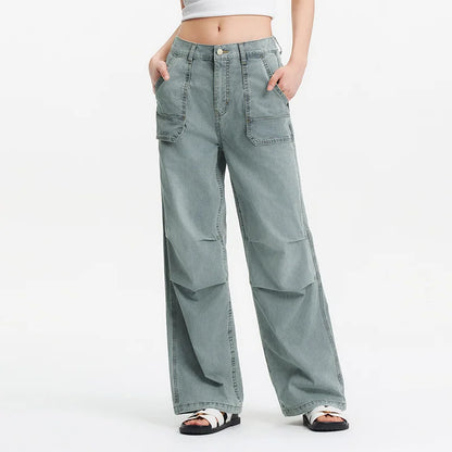 Women Pants Denim Drawstring Cool Feeling Loose Workwear American Street Style Cool Wide Leg 2026 Summer Fashion Top
