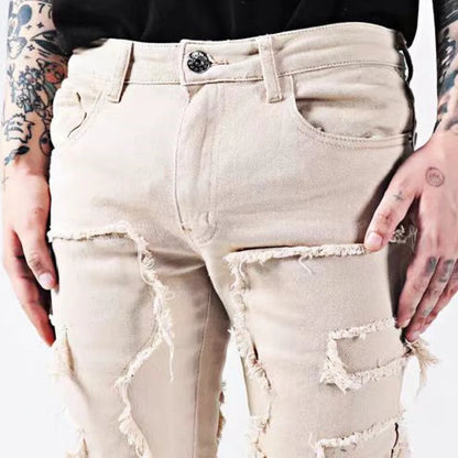 New European and American Heavyweight Streetwise Stretch Patch Jeans for Men, High Street Straight Fit Long Jeans16-3001