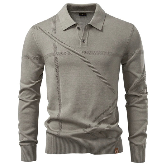 New Autumn Winter Thermal Comfort Mens Polo Shirt For Solid Stripe Long Sleeve Slim Fit Warm Social Casual Sweater for Men