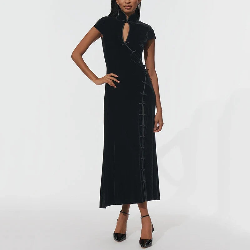 Retro Chinese Style Waist Cinched Cheongsam Slim Fit Dress Girl Slit Temperament Dress New Ins Fashion