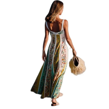 Fashion Elegant Women Sleeveless Party Dresses Casual Deep V Neck Maxi Dress Summer Backless High Waist Print Dress Vestidos