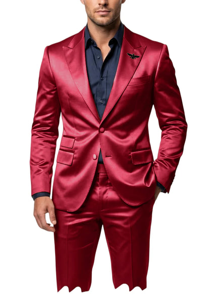 Men's Satin 2-Piece Suit Set Slim Fit Peak Lapel Tuxedo Blazer With Straight Leg Pants For Wedding Party Formal Wear