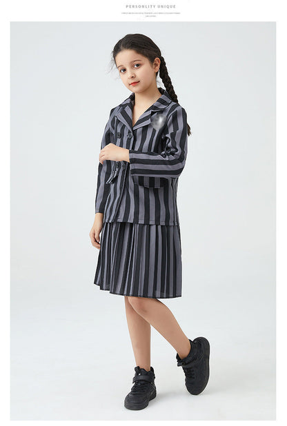 Girl Addams Family Halloween Cosplay Costume Girls Gray Purple Wednesday Addams Uniform Suit Skirts Wig Hand Wednesday Clothes