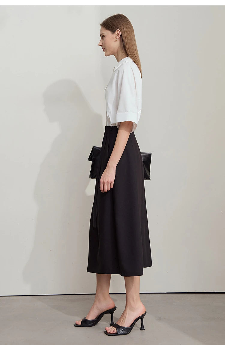 Minimalist Knee length Skirt Women Pleated A-line Loose Dress Elegant Commuting Style Belt Decoration Skirts 12522074
