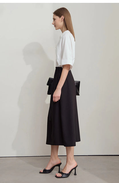 Minimalist Knee length Skirt Women Pleated A-line Loose Dress Elegant Commuting Style Belt Decoration Skirts 12522074