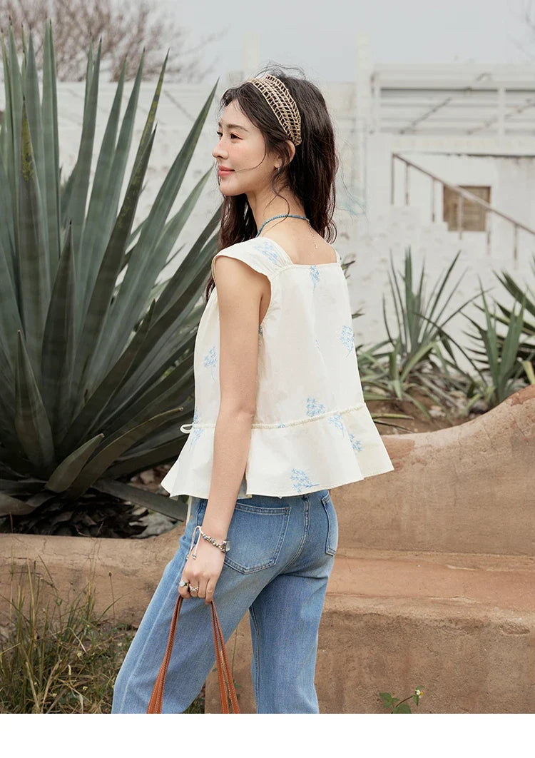 Print French Summer Shirts for Women New 2025 Sleeveless V-neck Blue Flower Cotton Blouses Female Fashion Tops MXE32X1777