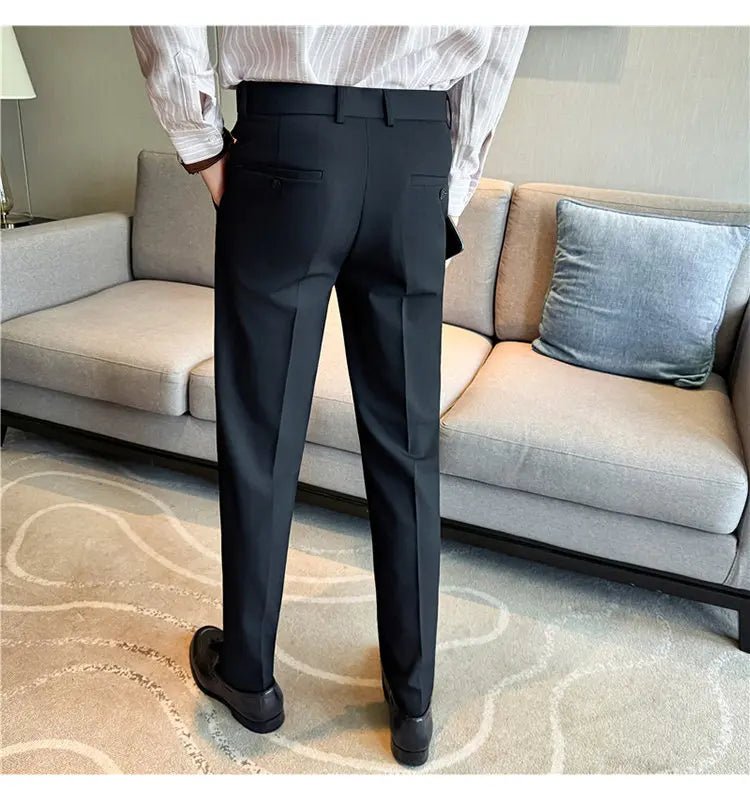 High Quality Pinstripe Slim Fit Suit Pant Men Stretchable Elastic Waist Slim Fit Business Social Wedding Party Casual Trousers