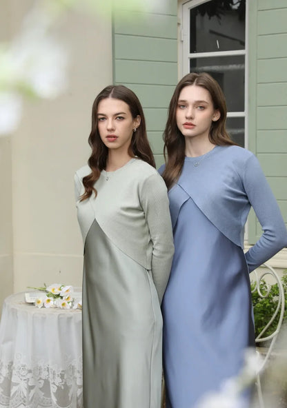 AS 2025 spring summer elegance satin dress + knitted top match set maxi floor length woman clothes