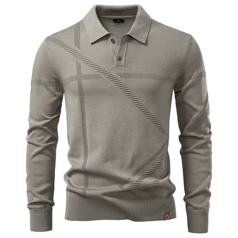 New Autumn Winter Thermal Comfort Mens Polo Shirt For Solid Stripe Long Sleeve Slim Fit Warm Social Casual Sweater for Men