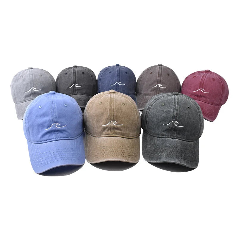 Washed Cotton Wave Embroidered Baseball Cap Unisex Adjustable Dad Hat Casual Retro Style Cap for Men Women Daily Street Wear