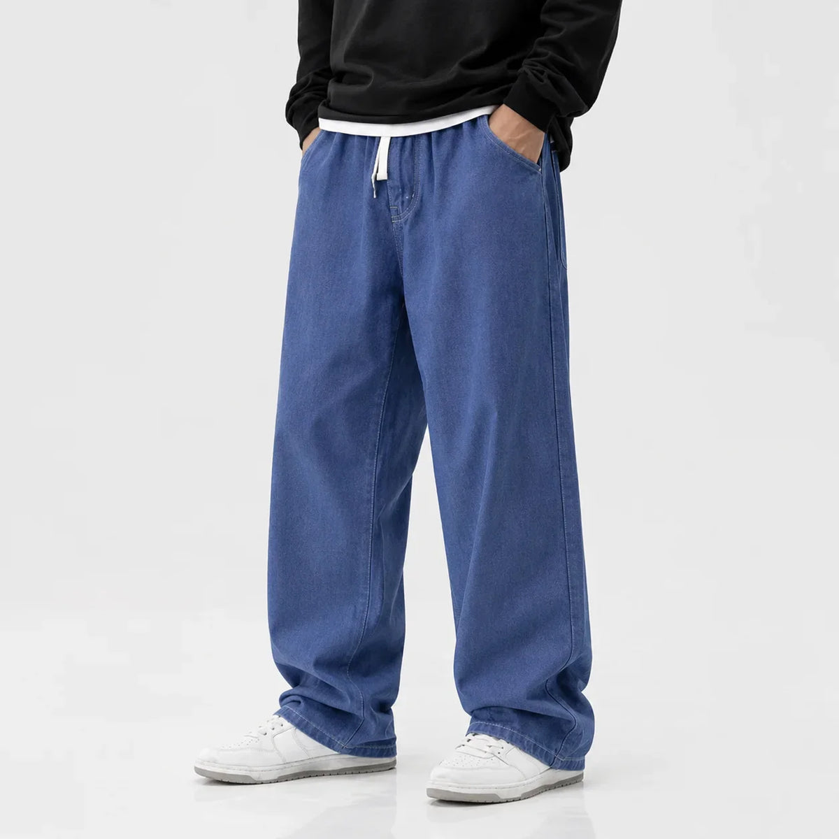 Spring and Autumn New American Drawstring Jeans for Men, Loose and Versatile Casual Pants, Trendy Washed Men's Pants