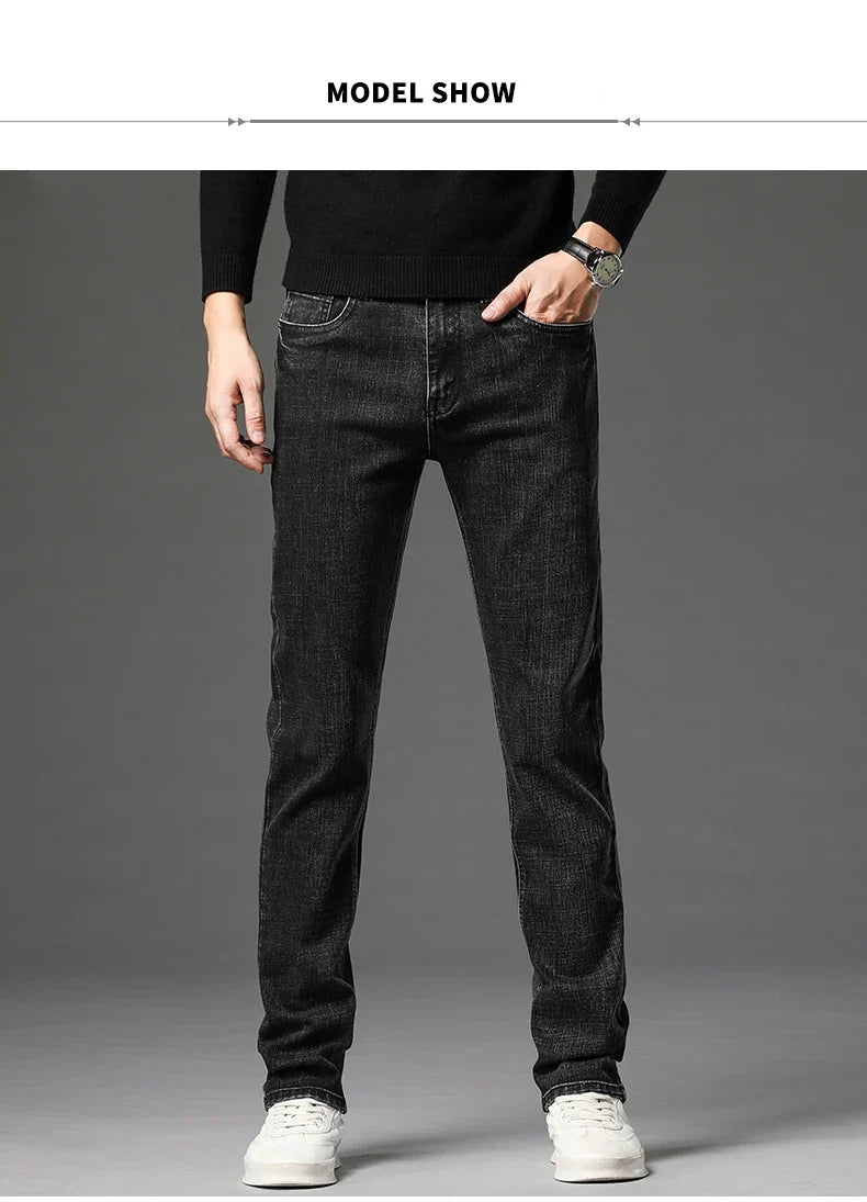 2025 Fall New Men's Cotton Stretch Slim Jeans Straight Version Business Fashion Denim Pants Vintage Blue Brand Trousers Black