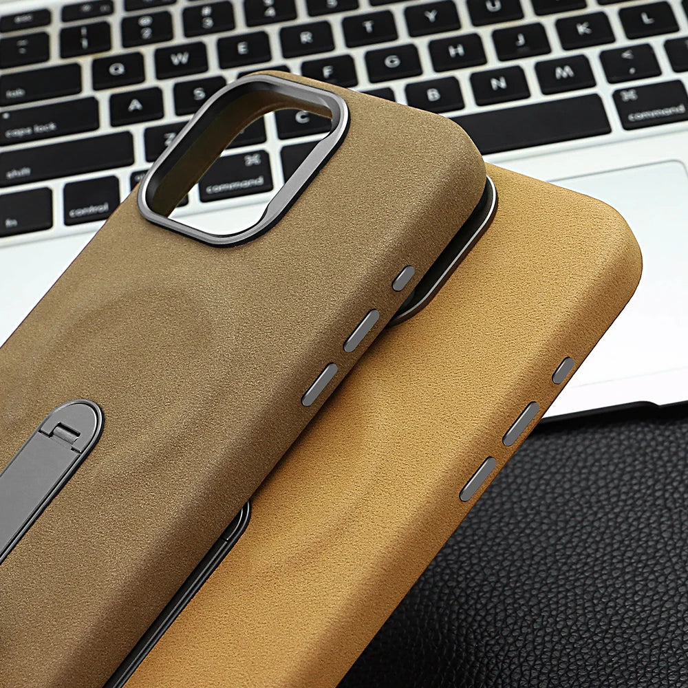 For iPhone 17 Pro Protective Case With Metal Rotatable Kickstand Suede Artificial Leather Phone Case For iPhone 17 16 15 Pro Max