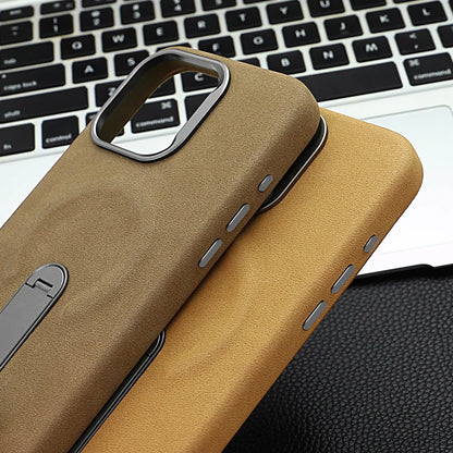 For iPhone 17 Pro Protective Case With Metal Rotatable Kickstand Suede Artificial Leather Phone Case For iPhone 17 16 15 Pro Max