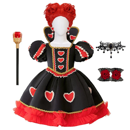 Halloween Red Queen Costume Girls Queen of Hearts Costume with Heart Details Stand Collar Red Black White Carnival Dress