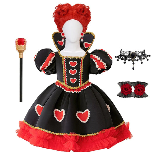 Halloween Red Queen Costume Girls Queen of Hearts Costume with Heart Details Stand Collar Red Black White Carnival Dress