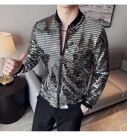 Men's Fashionable and Personalized Silver Sequin Jacket Summer New Ball Performance Suit Jacket Hip-hop Fashion Street Wear