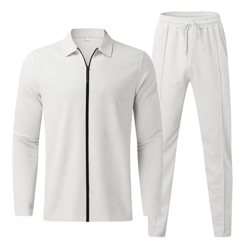 2024 men's new waffle long-sleeved lapel zipper cardigan casual sports suit