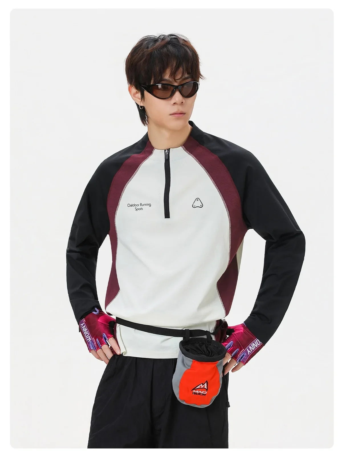 Men's Retro Colorblock Raglan Sleeve Long Sleeve T-Shirt – Loose Fit Half-Zip Athletic Top with Moisture-Wicking Fabric