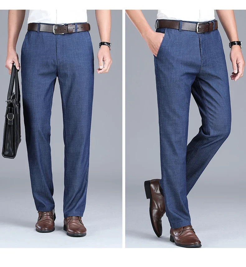 Fabric 2026  Spring Summer Men's Black Thin Straight Jeans Classic Style Business Fashion Stretch Loose Jeans Male Brand