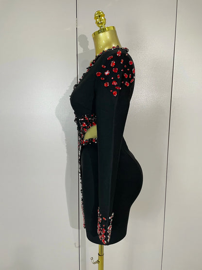Women Celebrity Sexy Long Sleeve V Neck Rhinestone Black Bandage Dress 2025 Elegant Evening Club Luxury Birthday Party Dresses