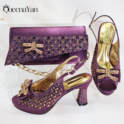 New Italian Design Open Toe Women High Heels for 2025 Elegant Party Wine Color Diamond Pumps Shoes and Bags Matching Set