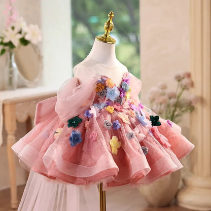 J565 Colorfu Pink Girl Dresses with Flowers Knee Length Off Shoulder Princess Wedding Birthday Party Pageant Ball Gown