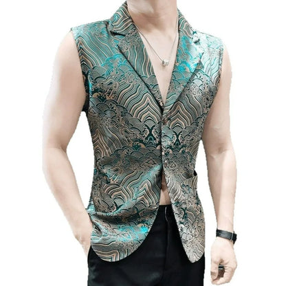 Man Suit Vest Vintage Printed Turn Down Collar Male Waistcoat Thin Slim Single-breasted Sleeveless Casual Men Vest