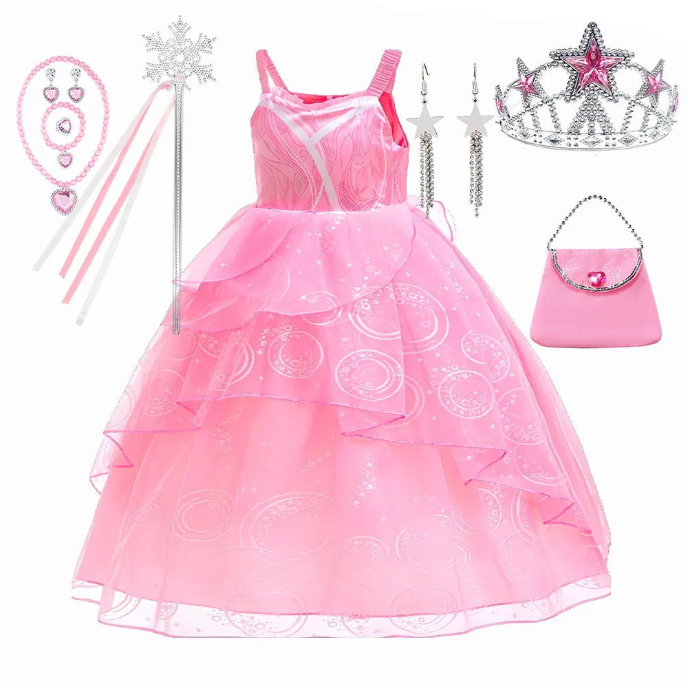 Kids Fairy Glinda Costume Wicked Wizard of Ozland Halloween Girl Cosplay Charming Glinda Kind Witch of North Pink Princess Dress