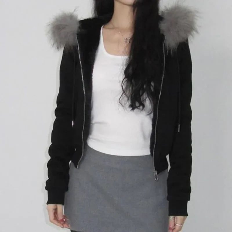 Goth Grey Faux Fur Collar Hooded Zip Up Hoodies Gothic Grunge Pockets Autumn Black Jackets Female Y2k Streetwear egirl Cardigans