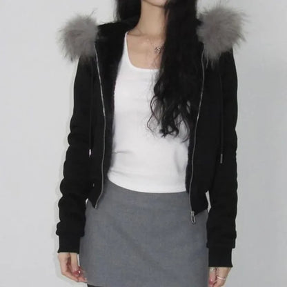 Goth Grey Faux Fur Collar Hooded Zip Up Hoodies Gothic Grunge Pockets Autumn Black Jackets Female Y2k Streetwear egirl Cardigans