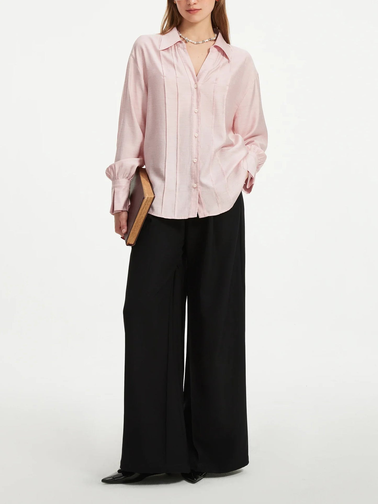 Women Long Sleeve Blouses V-Neck Women Pink Autumn Tops Striped Design Drop Shoulder Shirt Office Lady Blouse 24FS13299