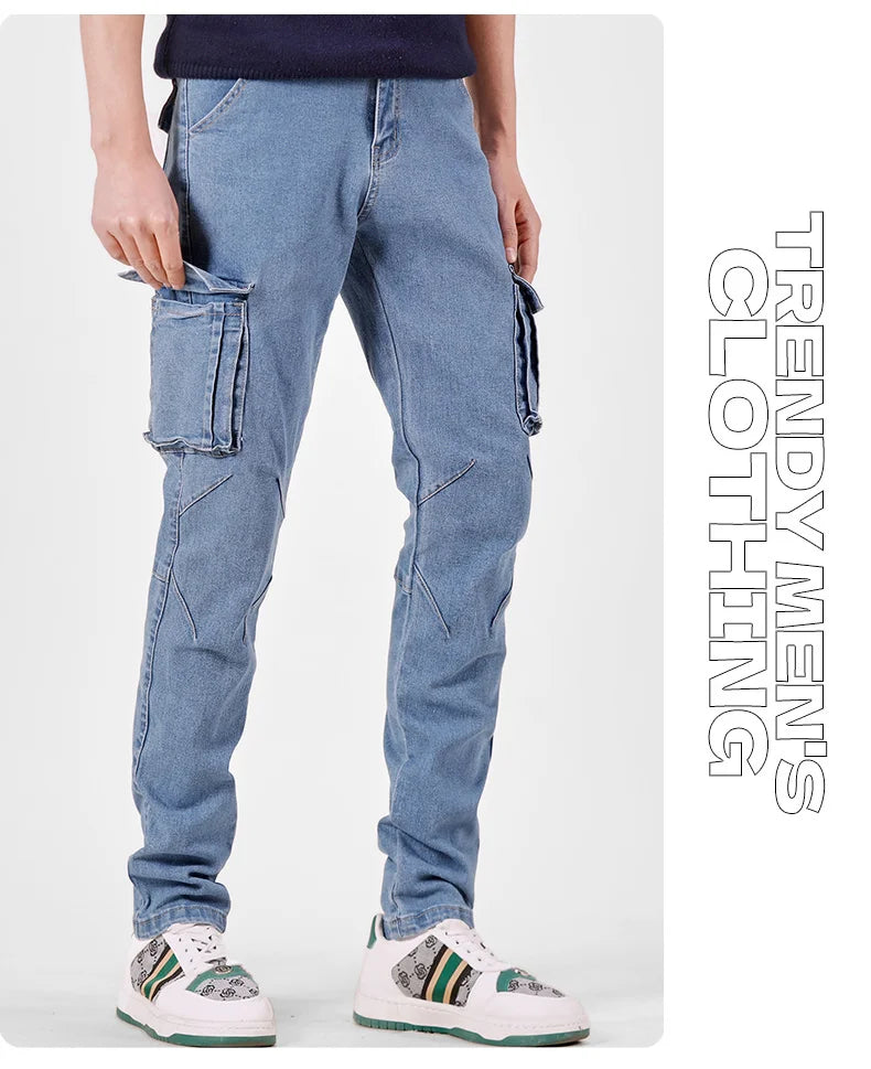 Men's Street Style Elastic Waist Denim Cargo Pants Solid Color Washed Slim Fit Casual Jeans with Multiple Pockets for Daily Wear