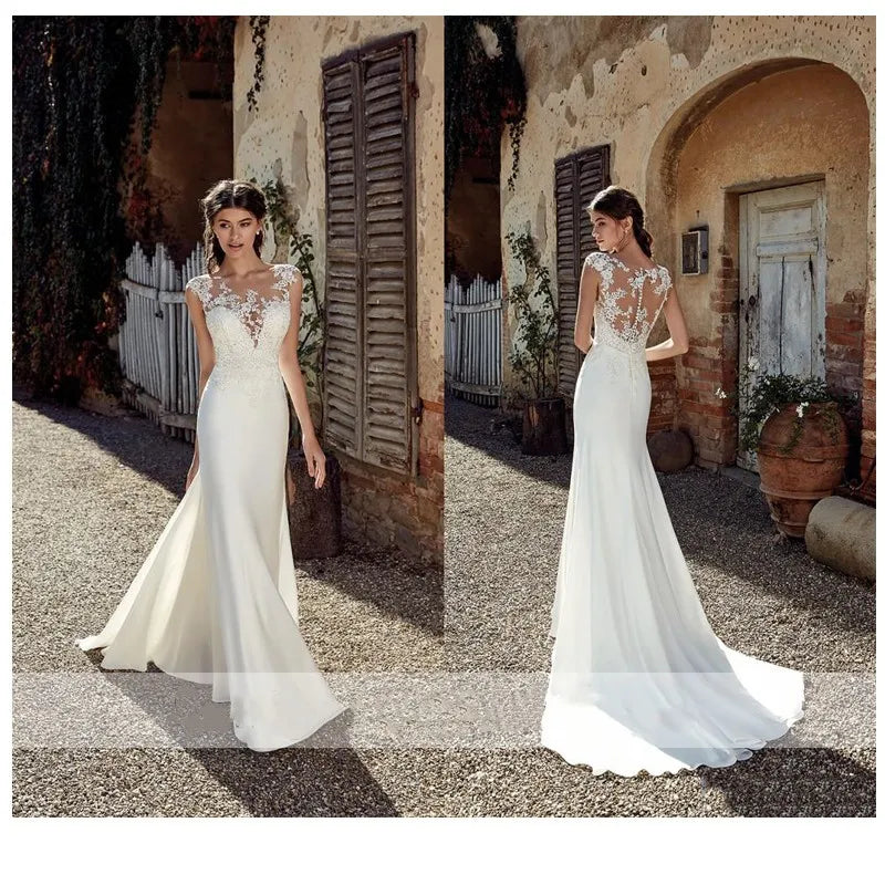 Wedding Dress Boho Sexy Illusion Sleeveless Scoop Neck Appliqued Lace Mermaid Wedding Gowns Bridal Dress Custom Made