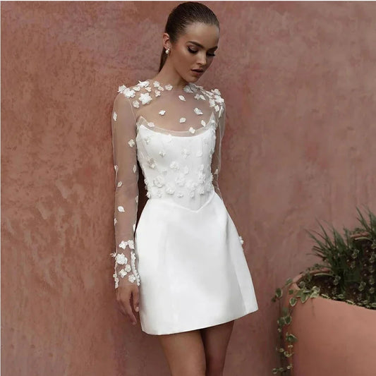 Chic Mini Wedding Dress Illusion Tulle Applique Long Sleeves Sheath O-Neck with Buttons Bridal Civil Short Customized Gown