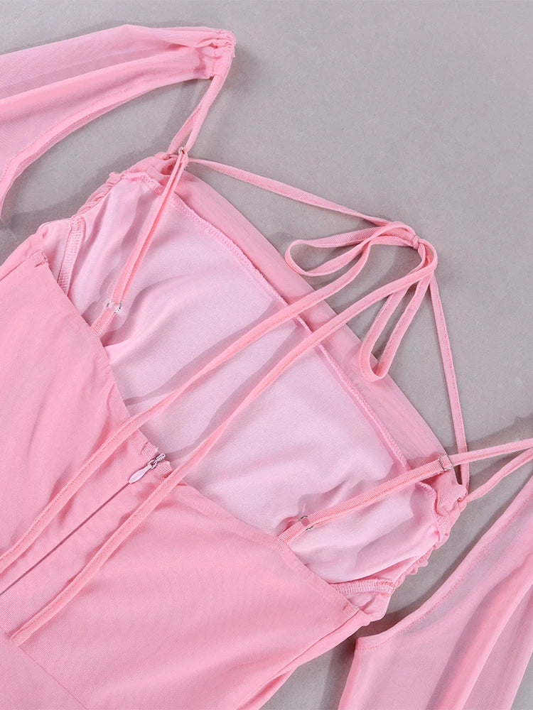 Halter Flounce Sleeves Mesh Pink Dress Women Sexy Solid Backless Bandage Mini Vestido Summer Vacation Party Club