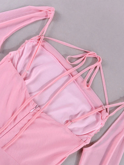 Halter Flounce Sleeves Mesh Pink Dress Women Sexy Solid Backless Bandage Mini Vestido Summer Vacation Party Club