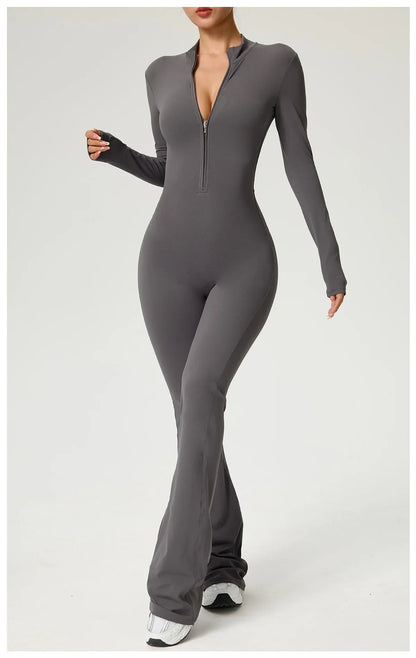 Zipper Jumpsuit Flared Pants Women Clothing Sportswear Gym Yoga Sport Sets Spandex Nylon Workout Sets Women Tracksuit