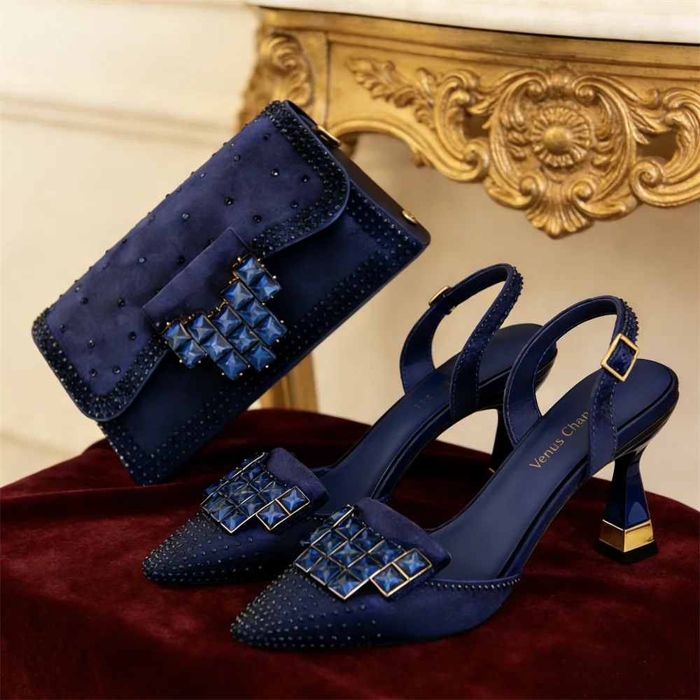 Elegant Green Rhinestone Slingback Heels & Matching Handbag Set by Venus Chan 2026 – Stylish Pointed Toe Design for Women